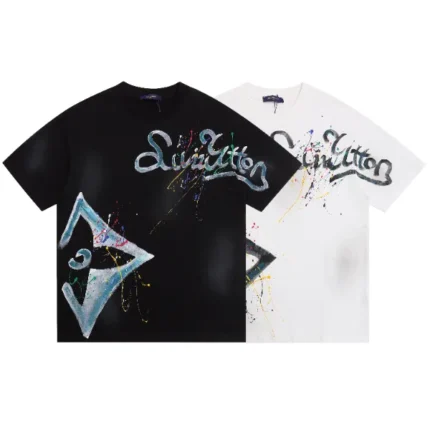 LV men's summer fabric cotton hand-painted ink round neck short sleeve